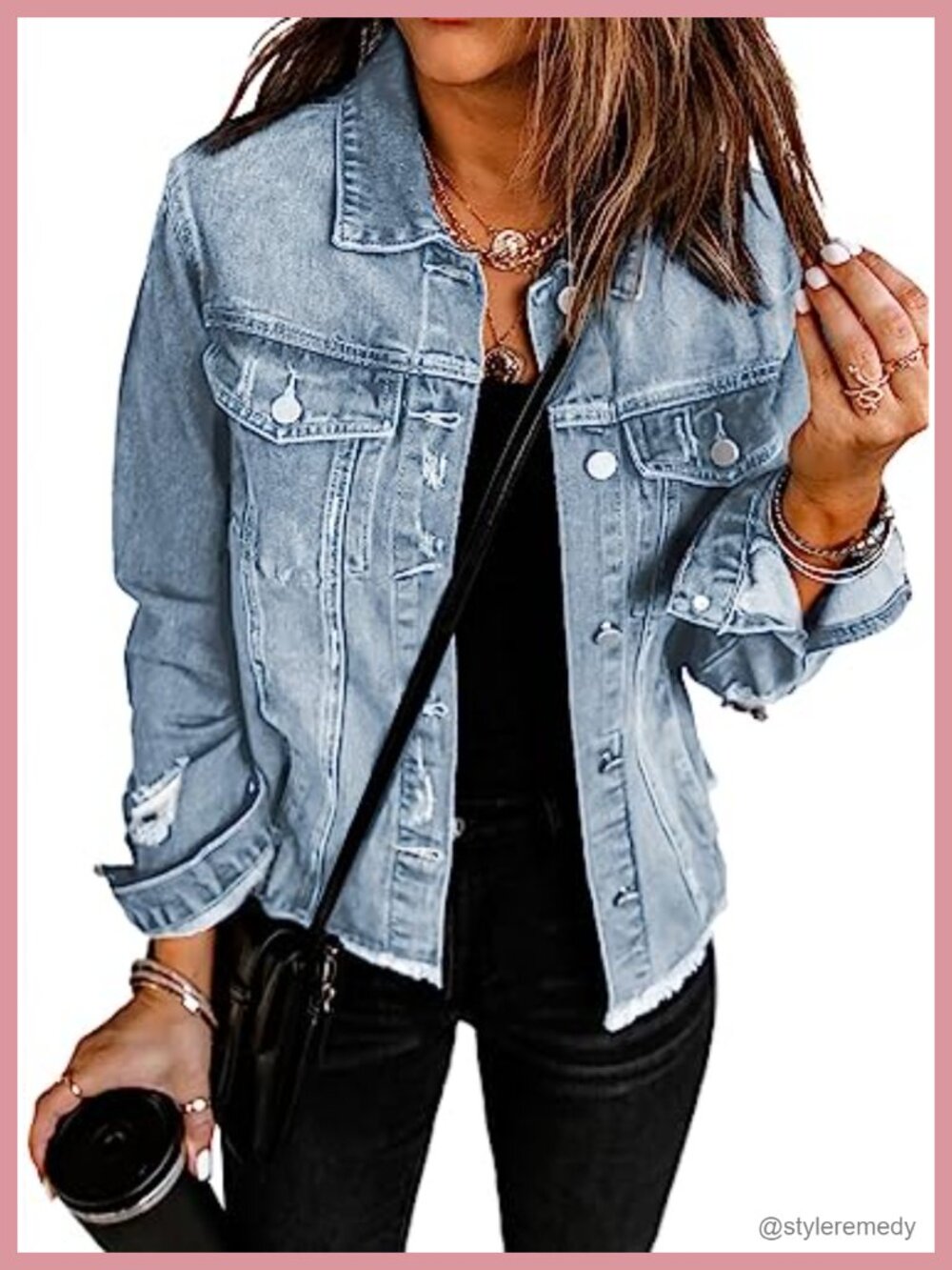 Womens Denim Jean Jacket Boyfriend Crop Fringe Distressed Button Up